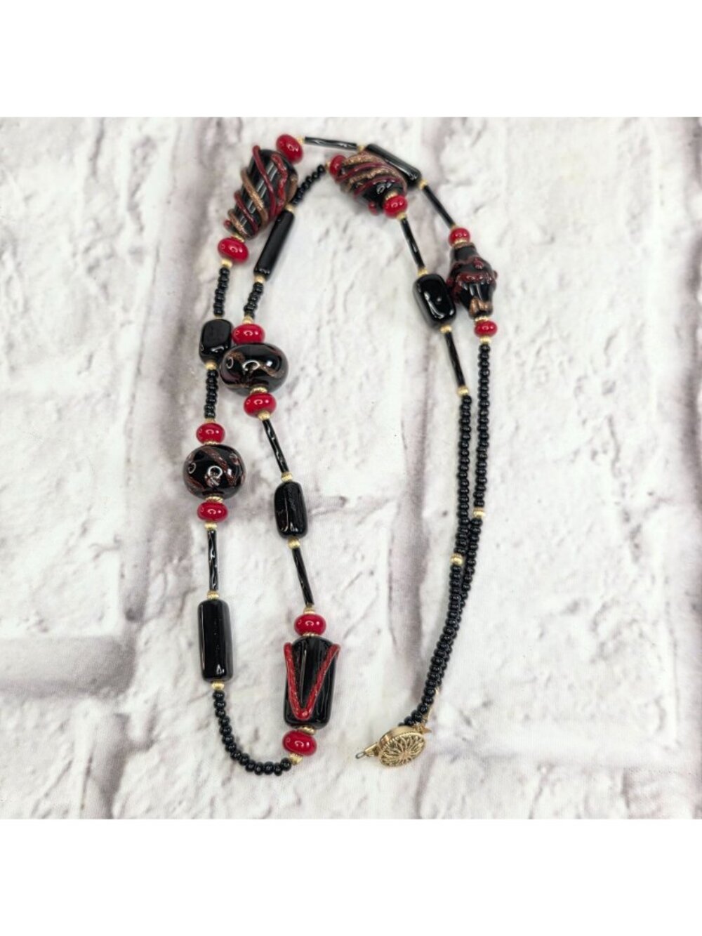 Vintage Glass Necklace & Earrings Set Venetian Murano? Black & Red Dangle - Picture 2 of 8
